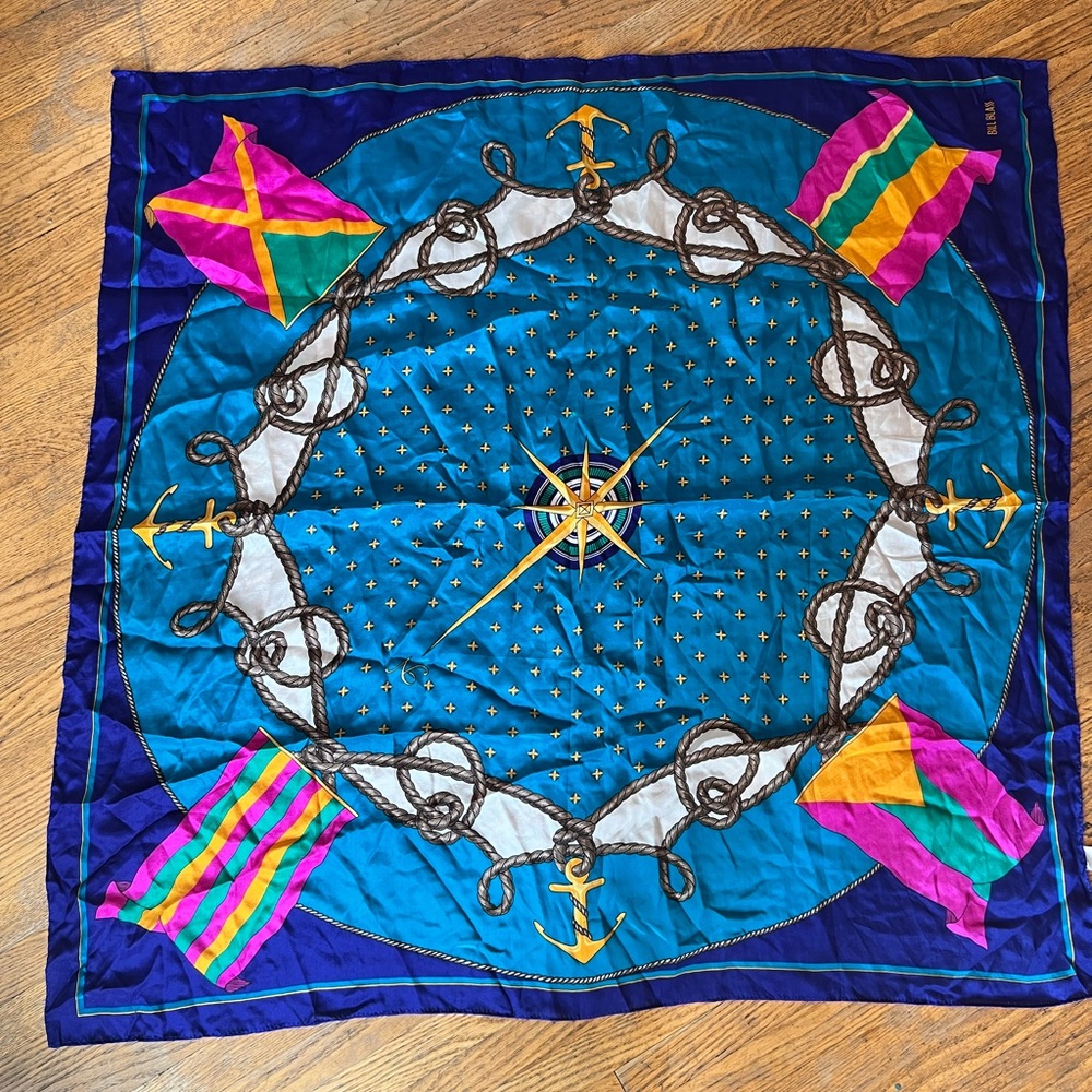 Vibrant Bill Blass 100% Silk Compass and Rope Design Scarf